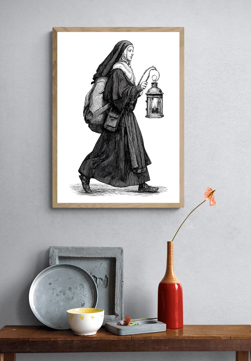 Nun with Lantern Illustration Poster. — room view 3