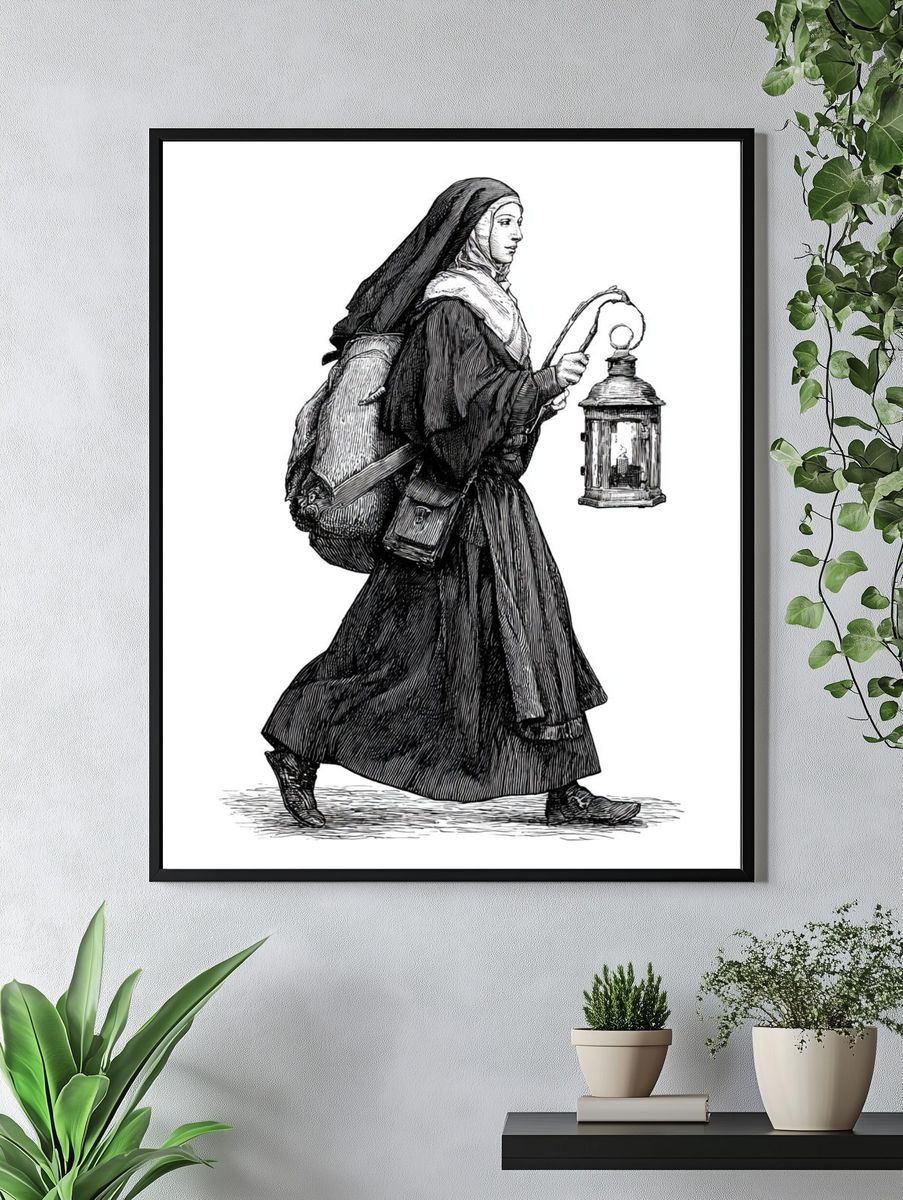 Nun with Lantern Illustration Poster. — room view 4