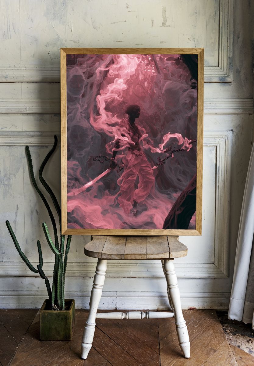 Pink Smoke Warrior Illustration Print. room preview