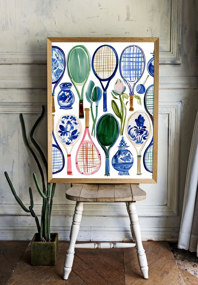 Watercolor Tennis Rackets Illustration Poster. — room view 1