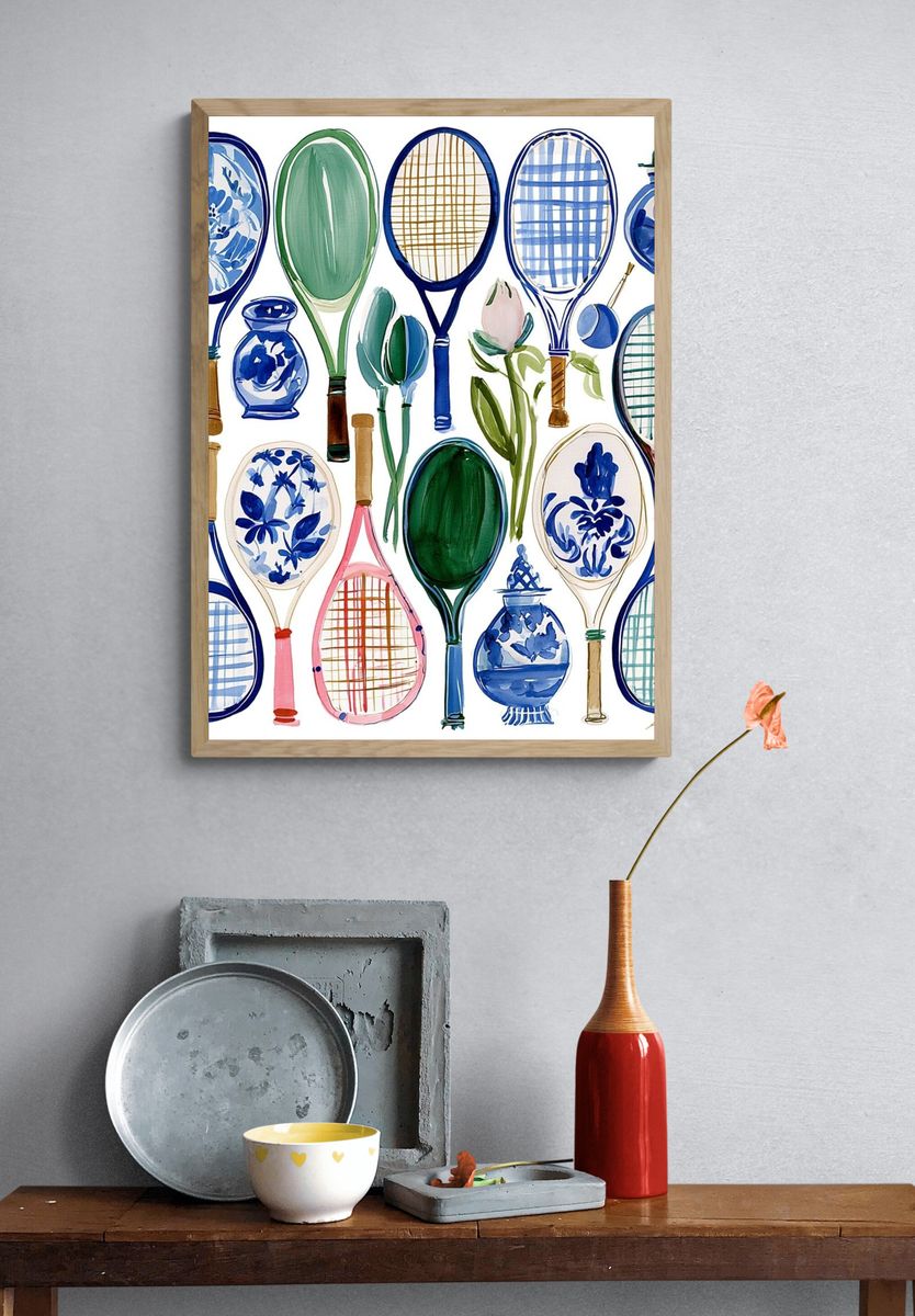 Watercolor Tennis Rackets Illustration Poster. — room view 3