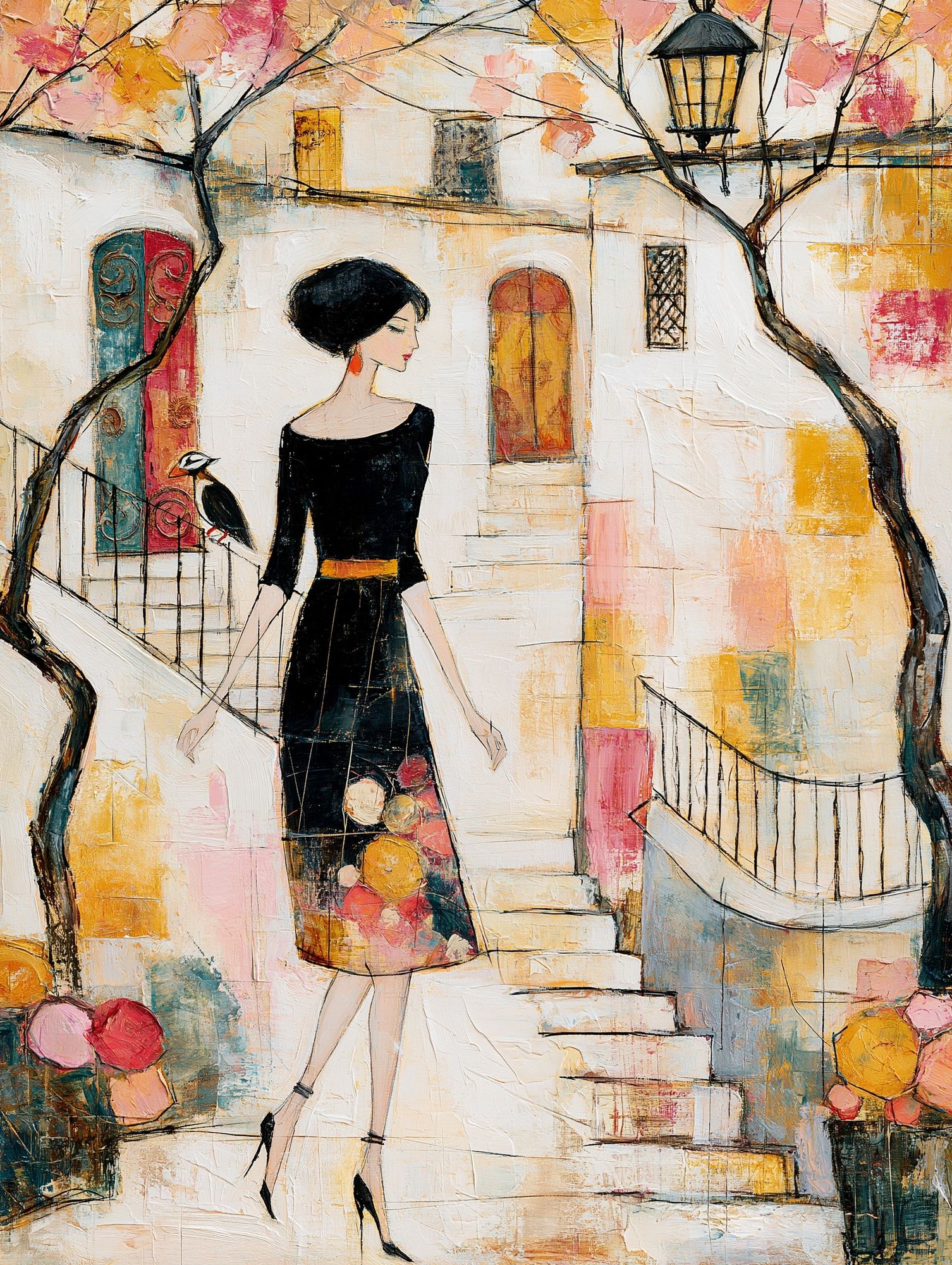 Elegant Woman in Courtyard Illustration Poster. poster detail