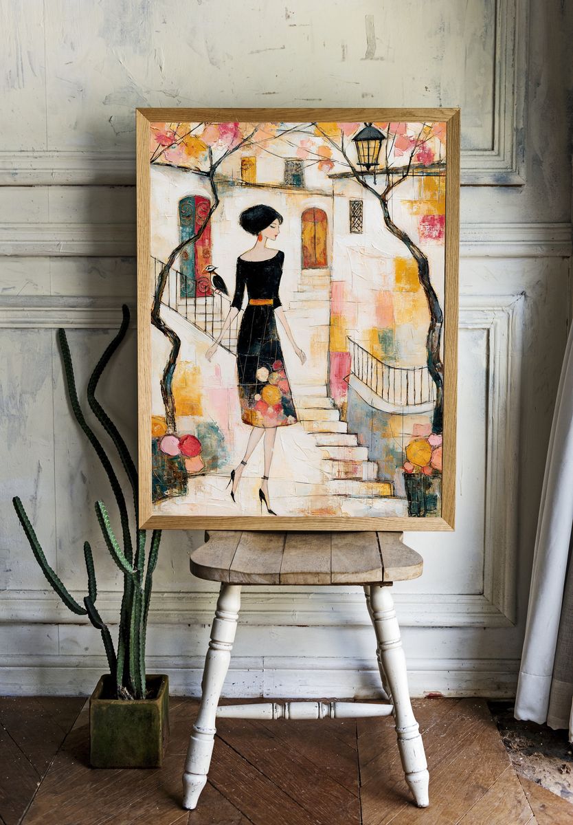 Elegant Woman in Courtyard Illustration Poster. room preview