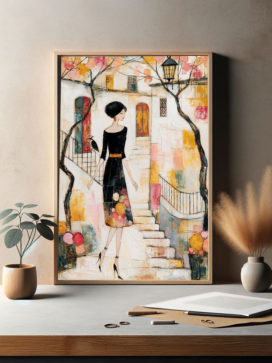 Elegant Woman in Courtyard Illustration Poster. — room view 2