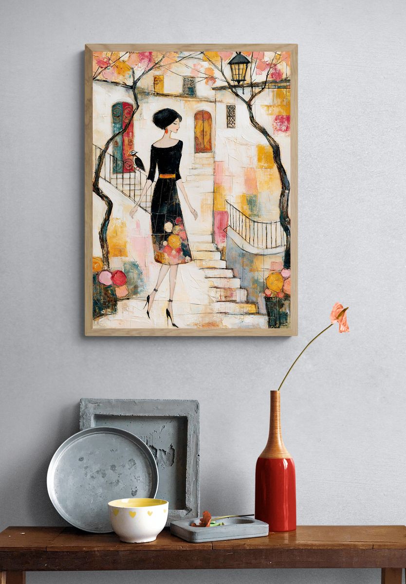 Elegant Woman in Courtyard Illustration Poster. — room view 3