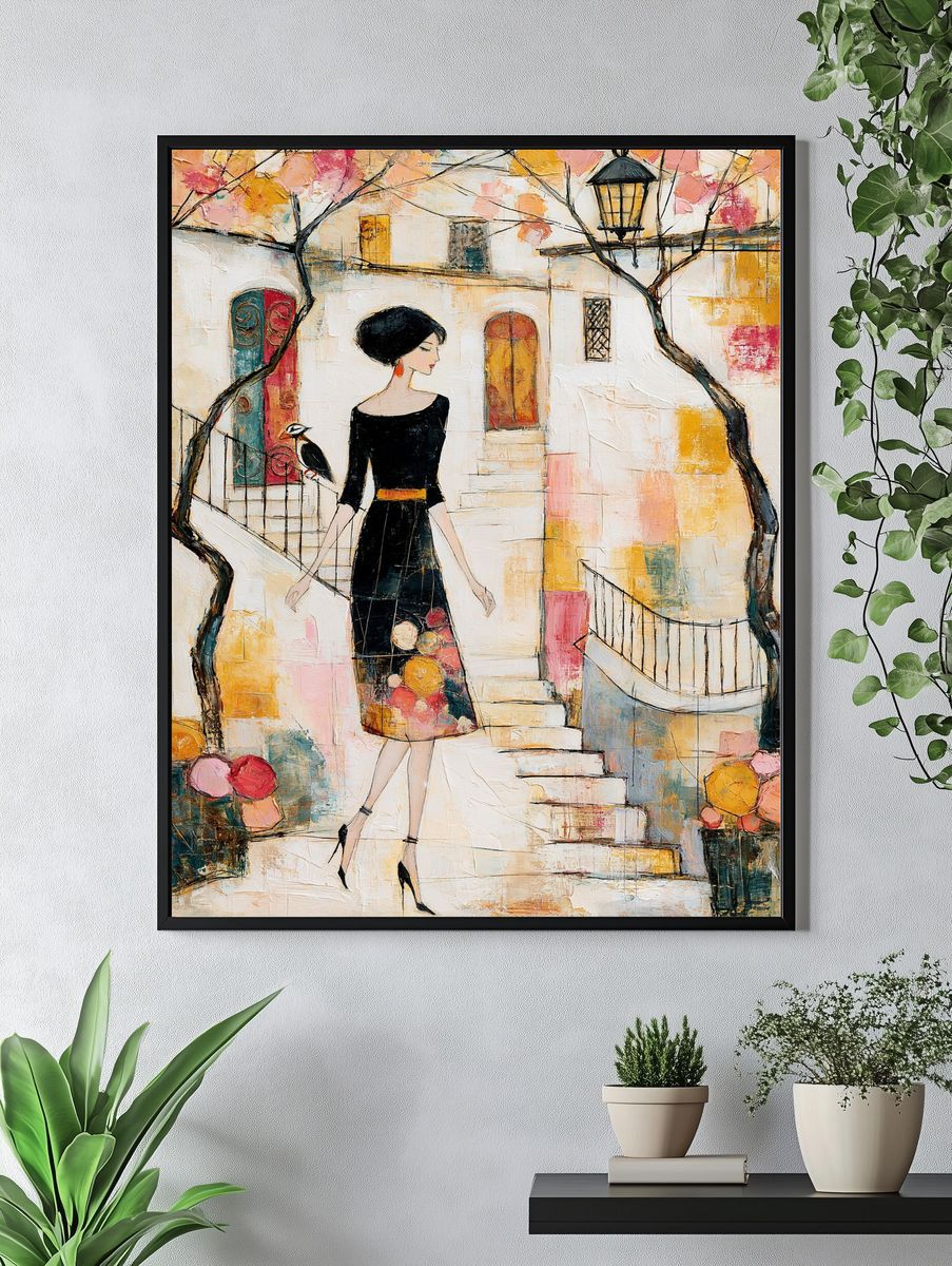 Elegant Woman in Courtyard Illustration Poster. — room view 4