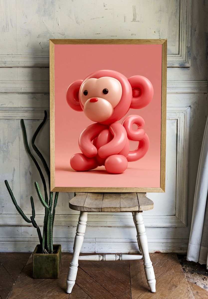 Pink Balloon Monkey Illustration Poster. room preview