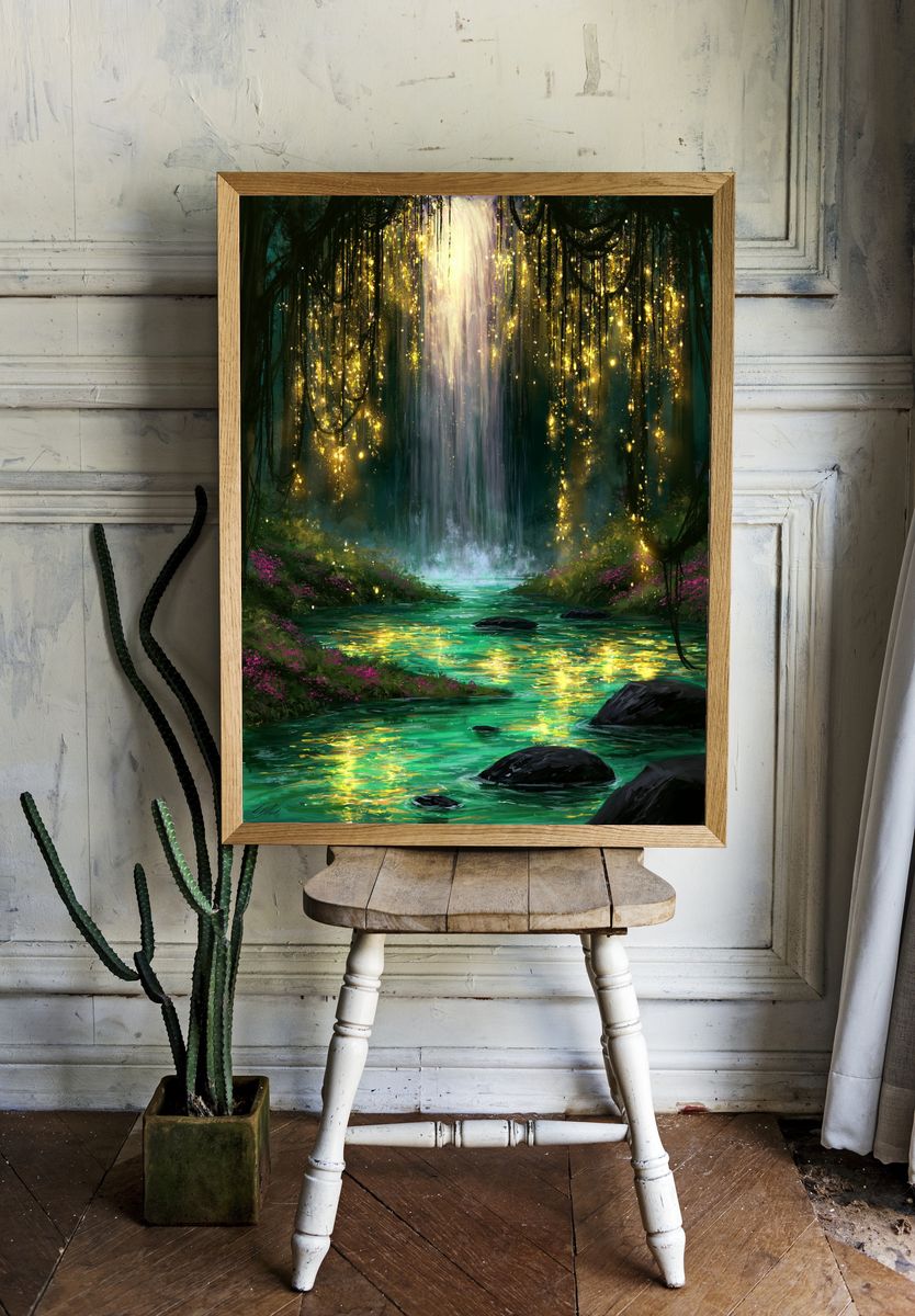 Enchanted Waterfall Forest Print. — room view 1