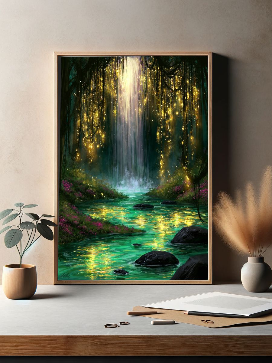 Enchanted Waterfall Forest Print. — room view 2