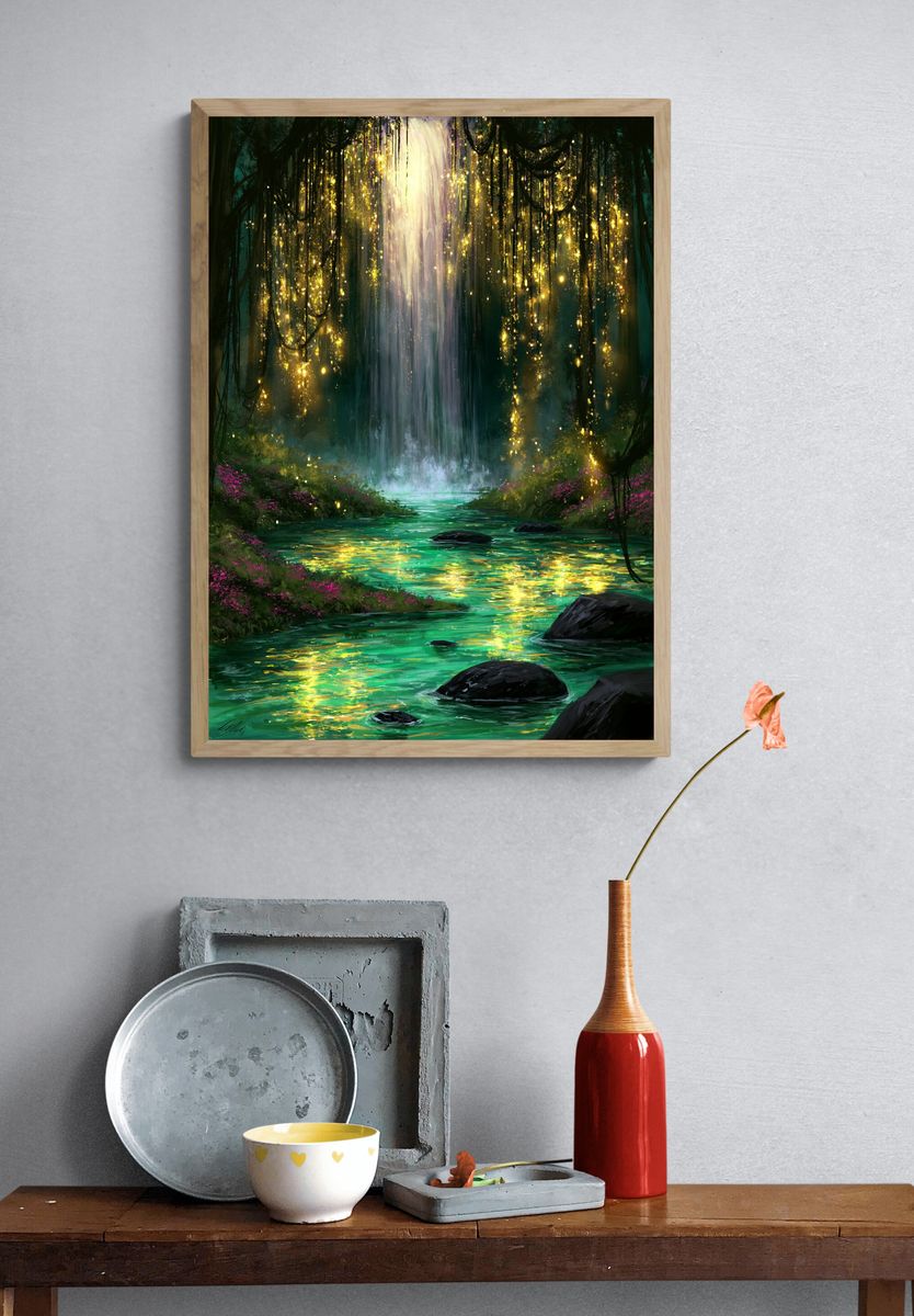 Enchanted Waterfall Forest Print. — room view 3