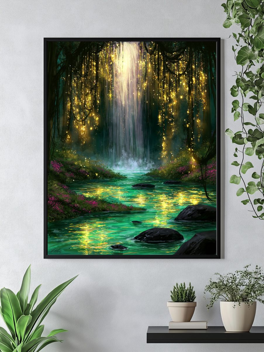Enchanted Waterfall Forest Print. — room view 4