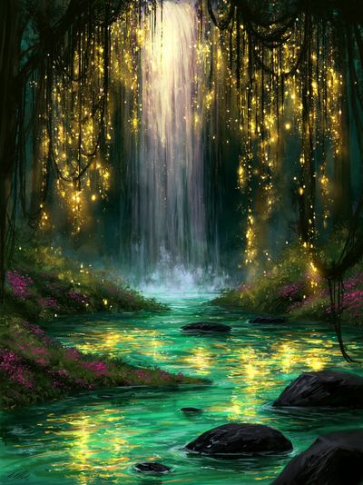 Enchanted Waterfall Forest Print. poster