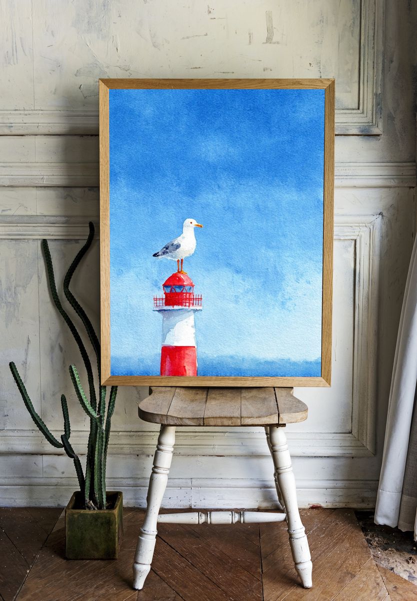 Seagull on Lighthouse Watercolor Poster. room preview