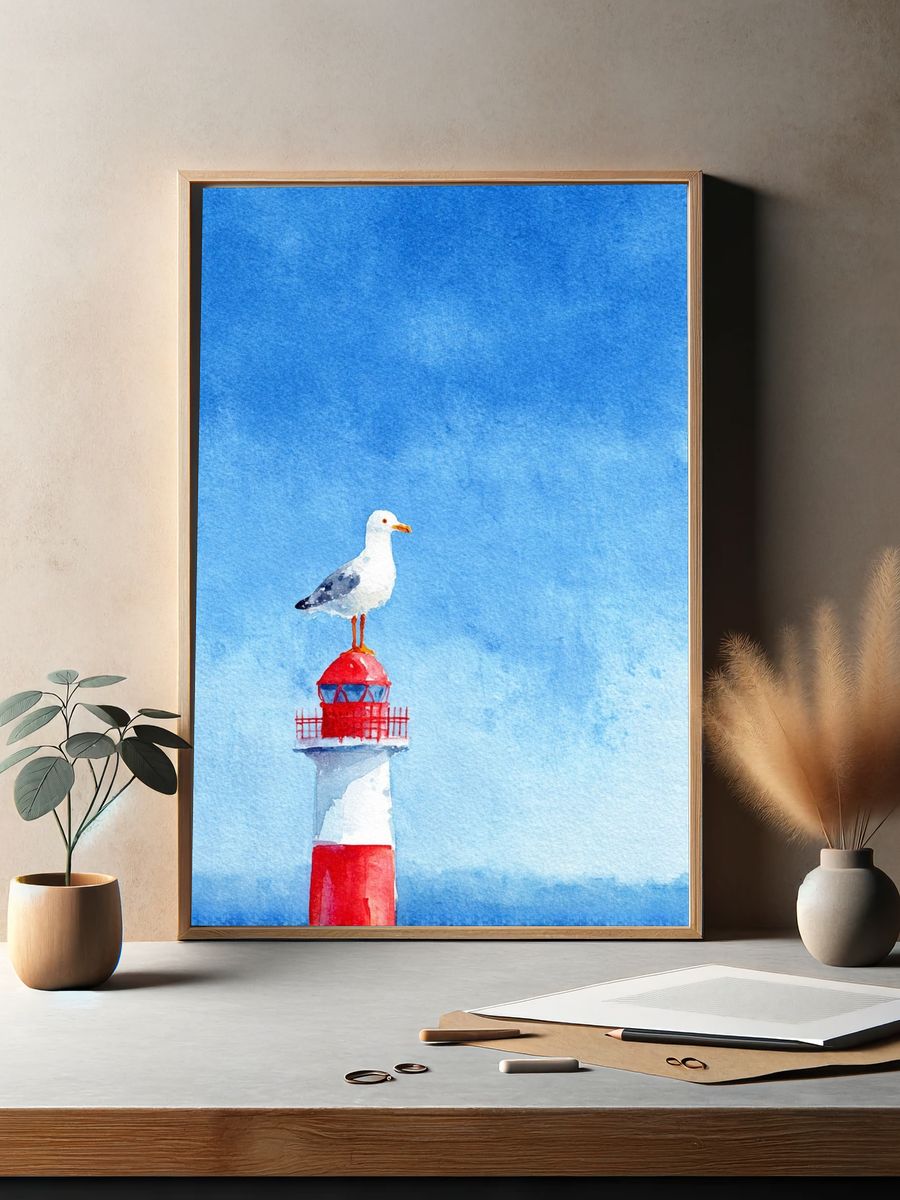 Seagull on Lighthouse Watercolor Poster. — room view 2