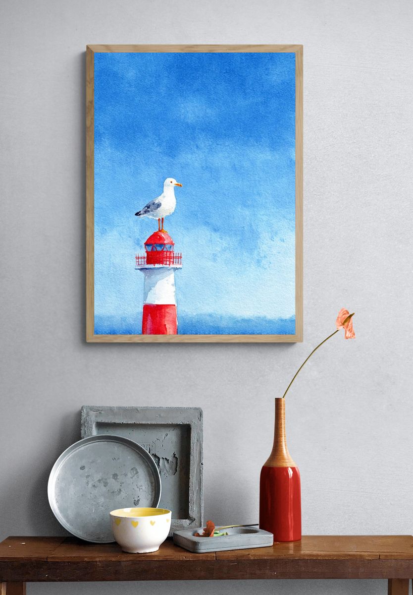 Seagull on Lighthouse Watercolor Poster. — room view 3