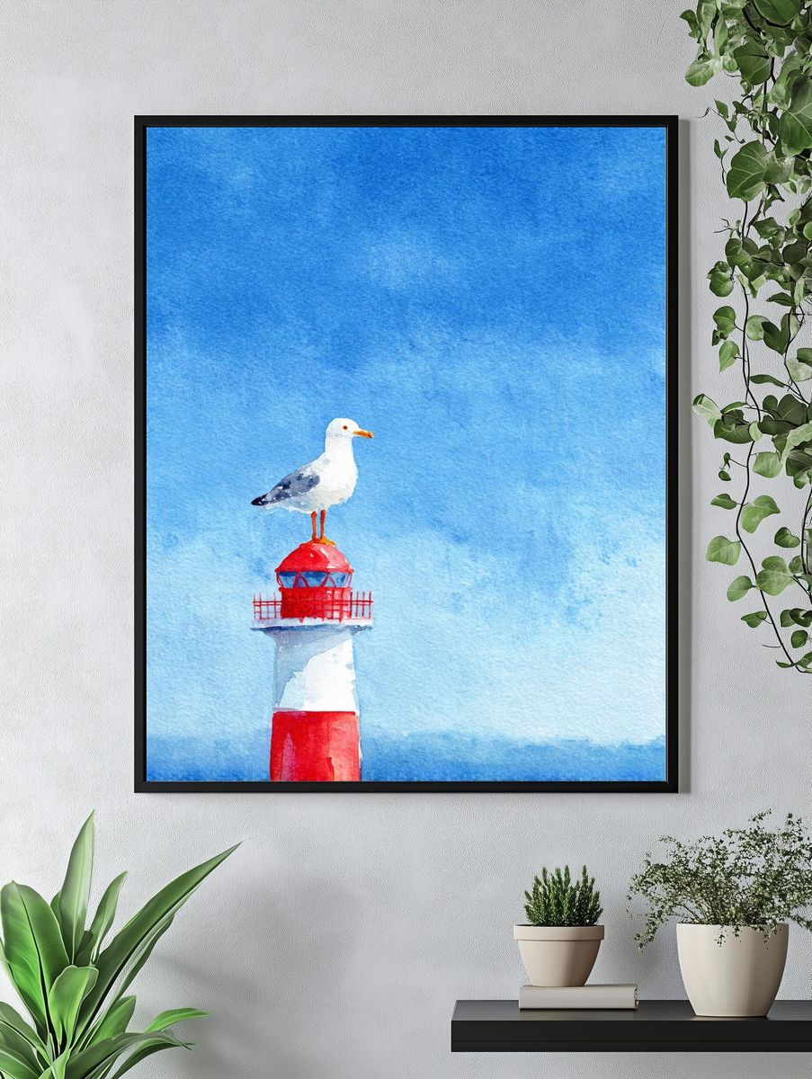 Seagull on Lighthouse Watercolor Poster. — room view 4