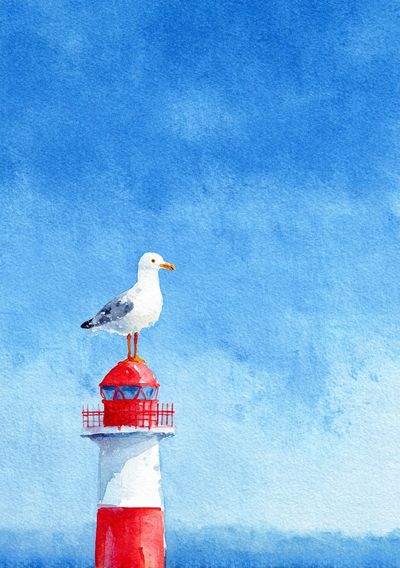 Seagull on Lighthouse Watercolor Poster.