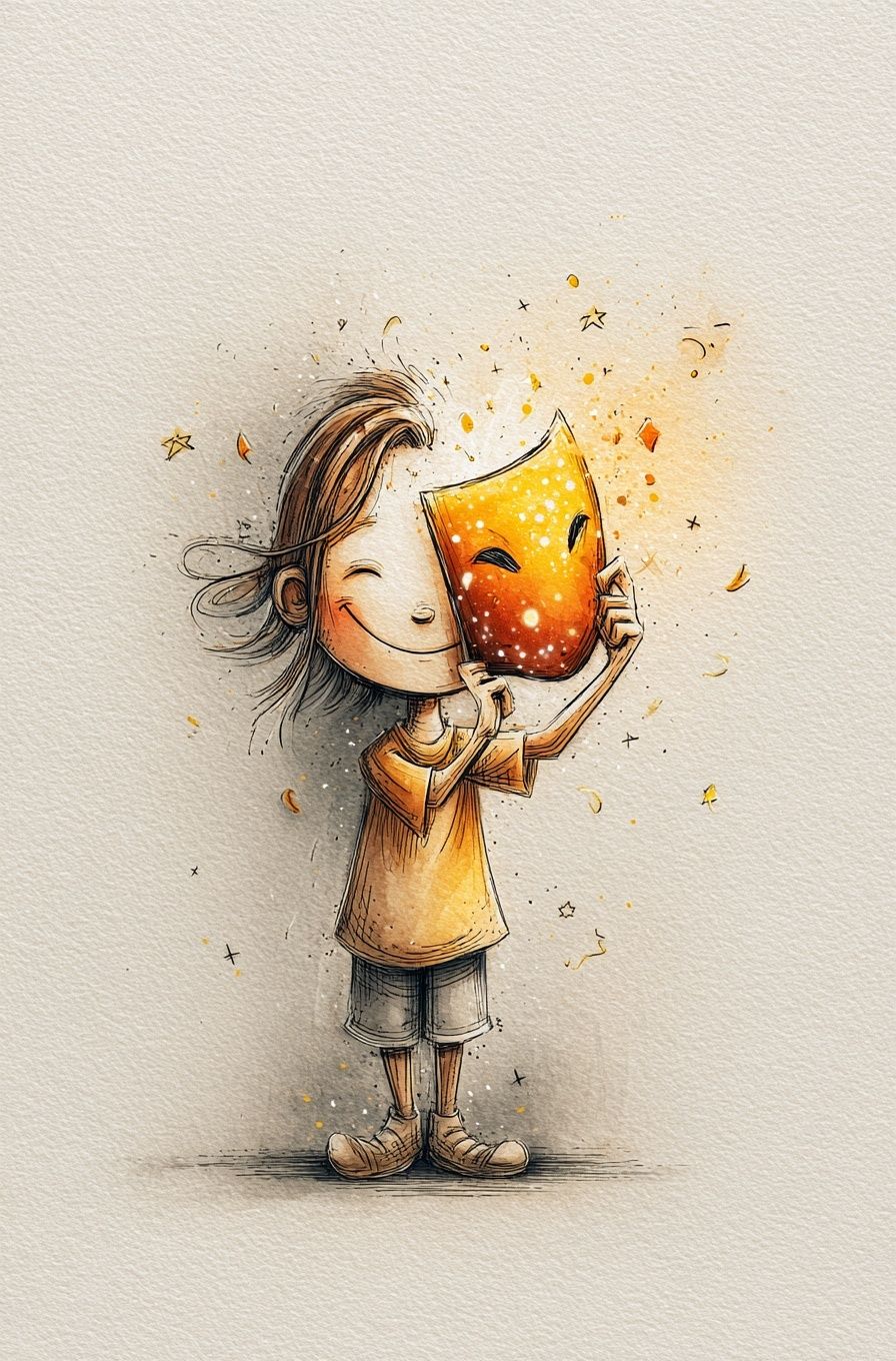 Child Holding Mask Illustration Poster. poster — illustration art