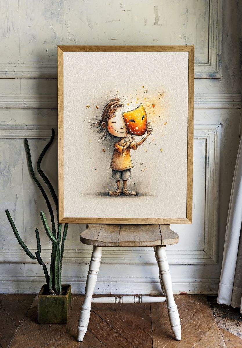 Child Holding Mask Illustration Poster. — room view 1