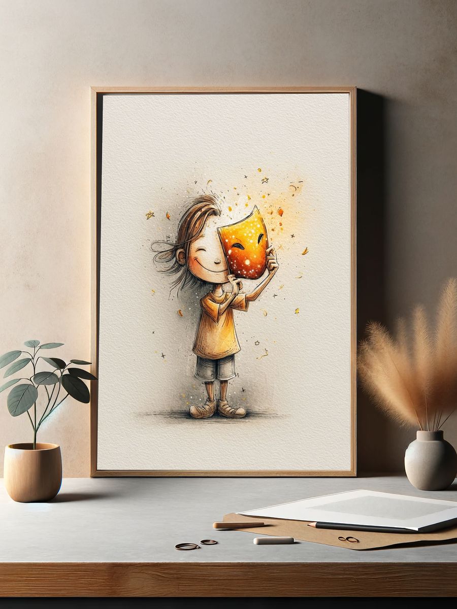 Child Holding Mask Illustration Poster. — room view 2