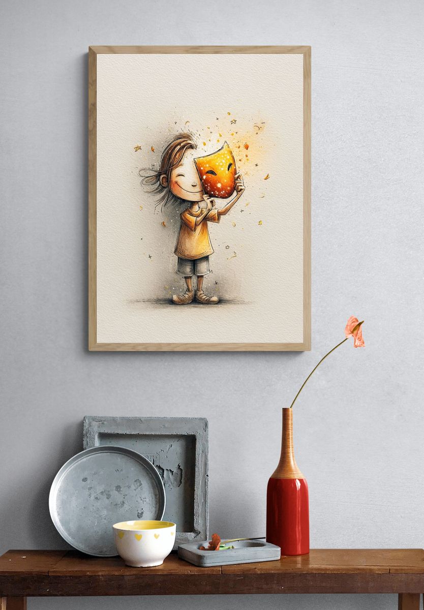Child Holding Mask Illustration Poster. — room view 3