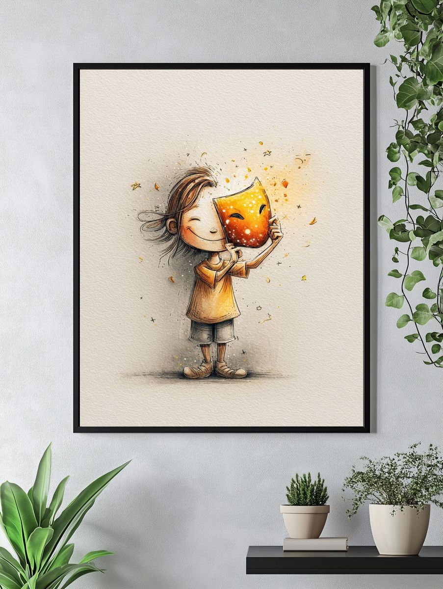 Child Holding Mask Illustration Poster. — room view 4