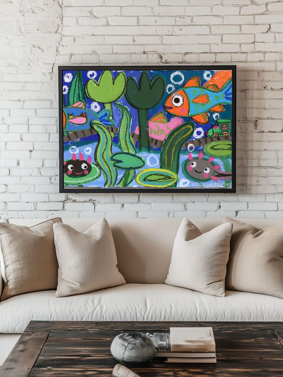 Playful Fish Pond Illustration Poster. room preview