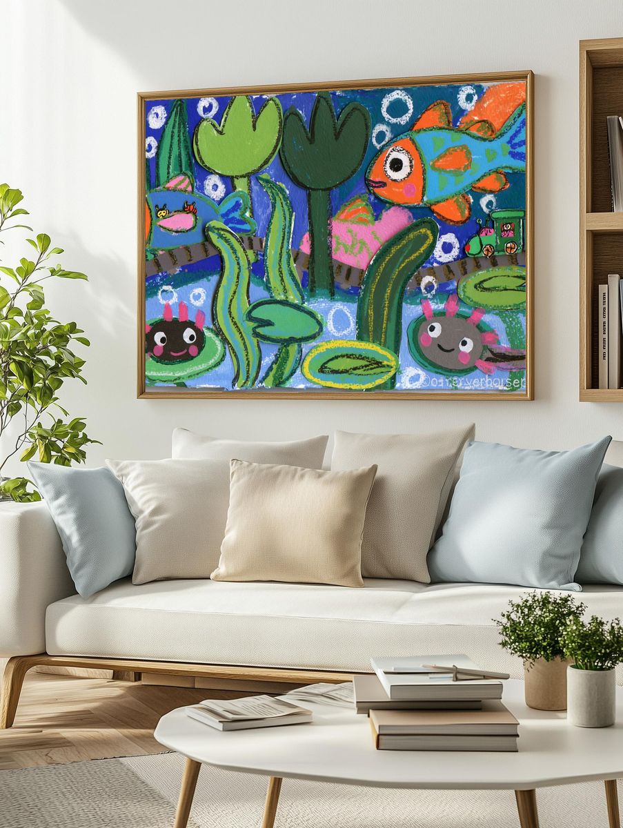 Playful Fish Pond Illustration Poster. — room view 2