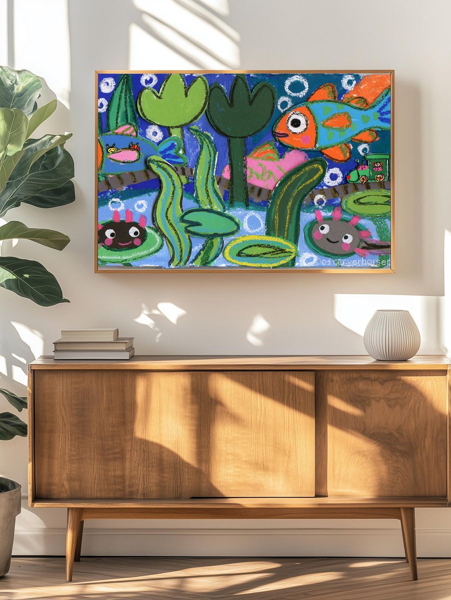 Playful Fish Pond Illustration Poster. — room view 3