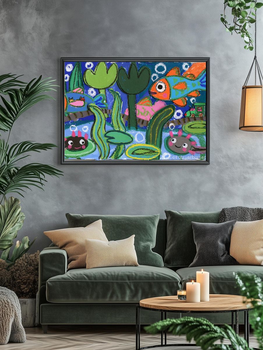 Playful Fish Pond Illustration Poster. — room view 4