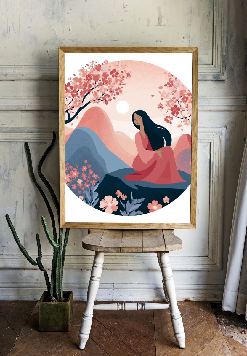 Cherry Blossom Serenity Illustration Print. room preview