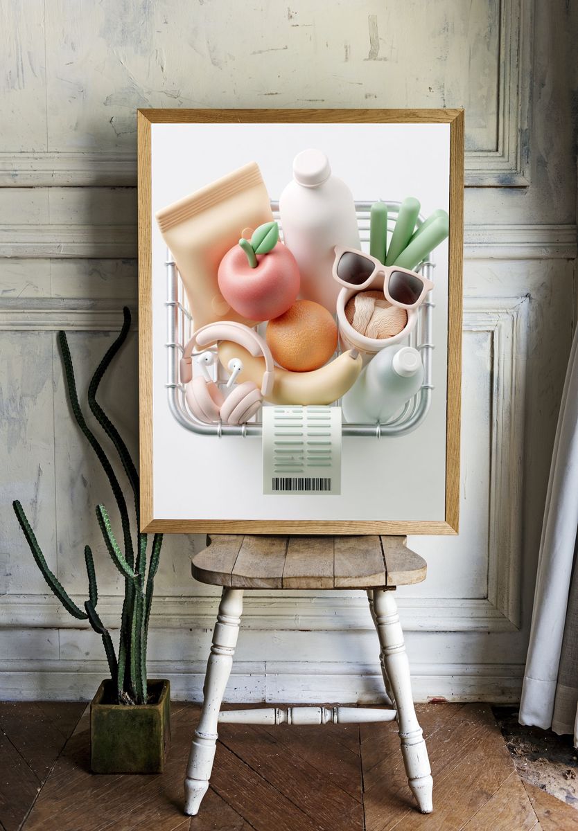Pastel Grocery Basket Illustration Poster. room preview