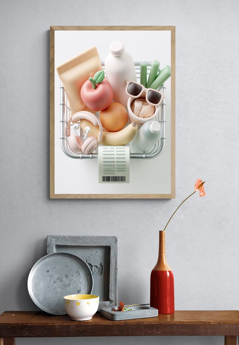 Pastel Grocery Basket Illustration Poster. — room view 3