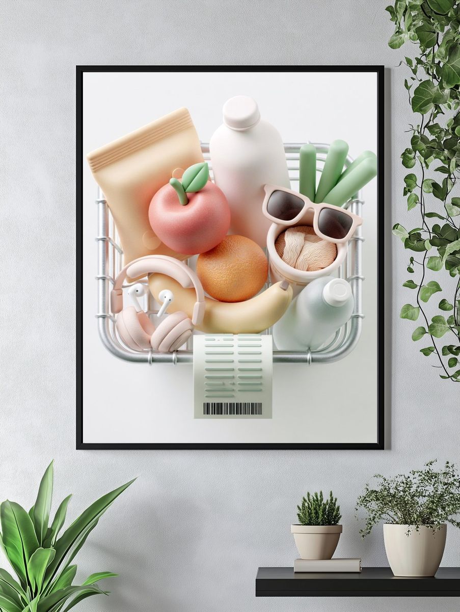 Pastel Grocery Basket Illustration Poster. — room view 4
