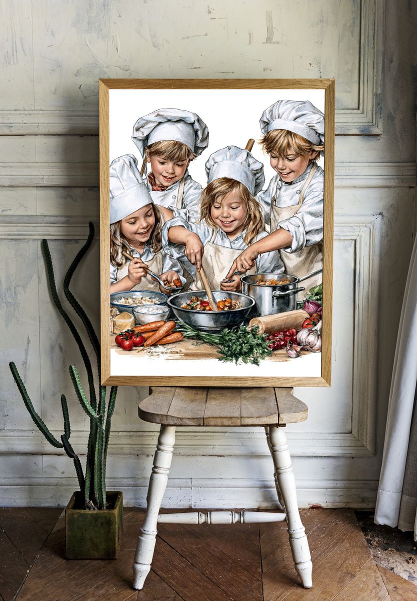 Children Cooking Watercolor Poster. — room view 1