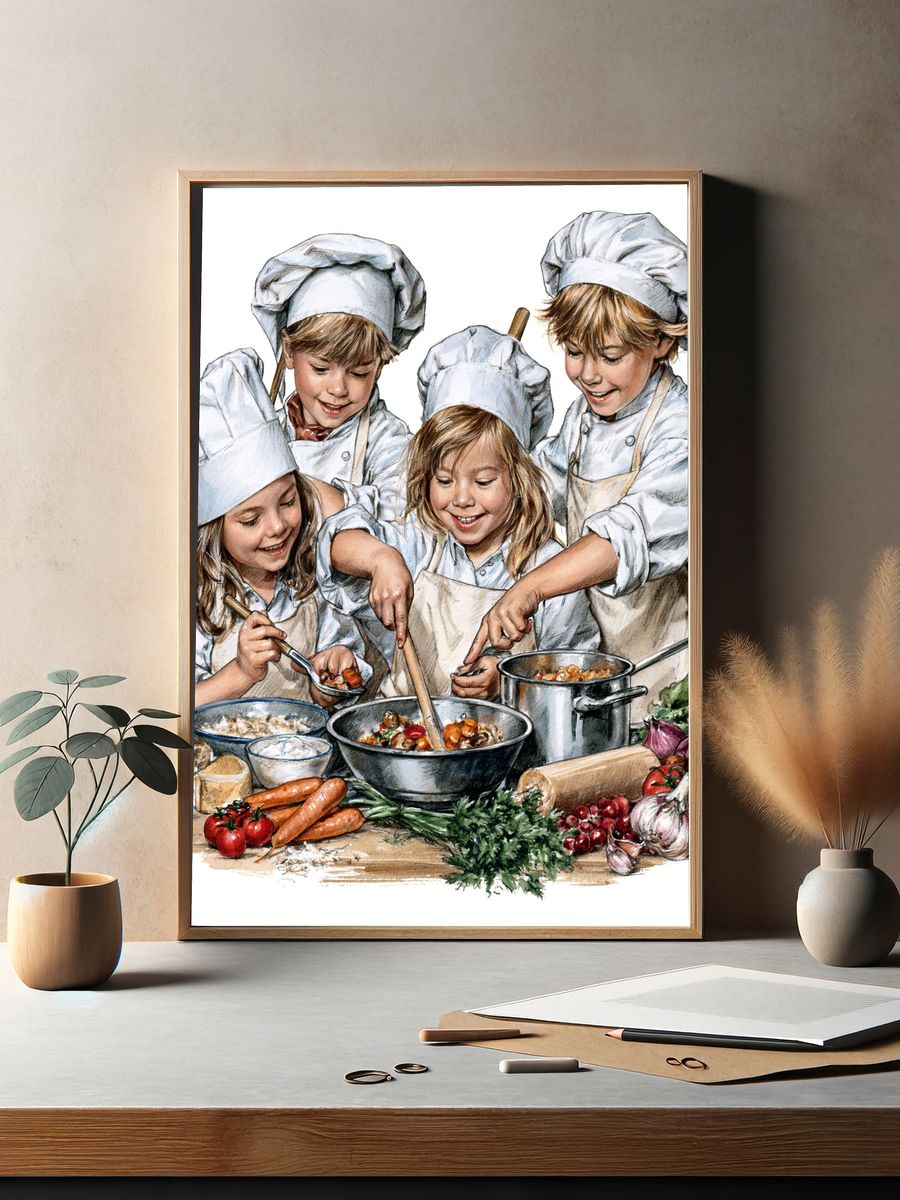 Children Cooking Watercolor Poster. — room view 2
