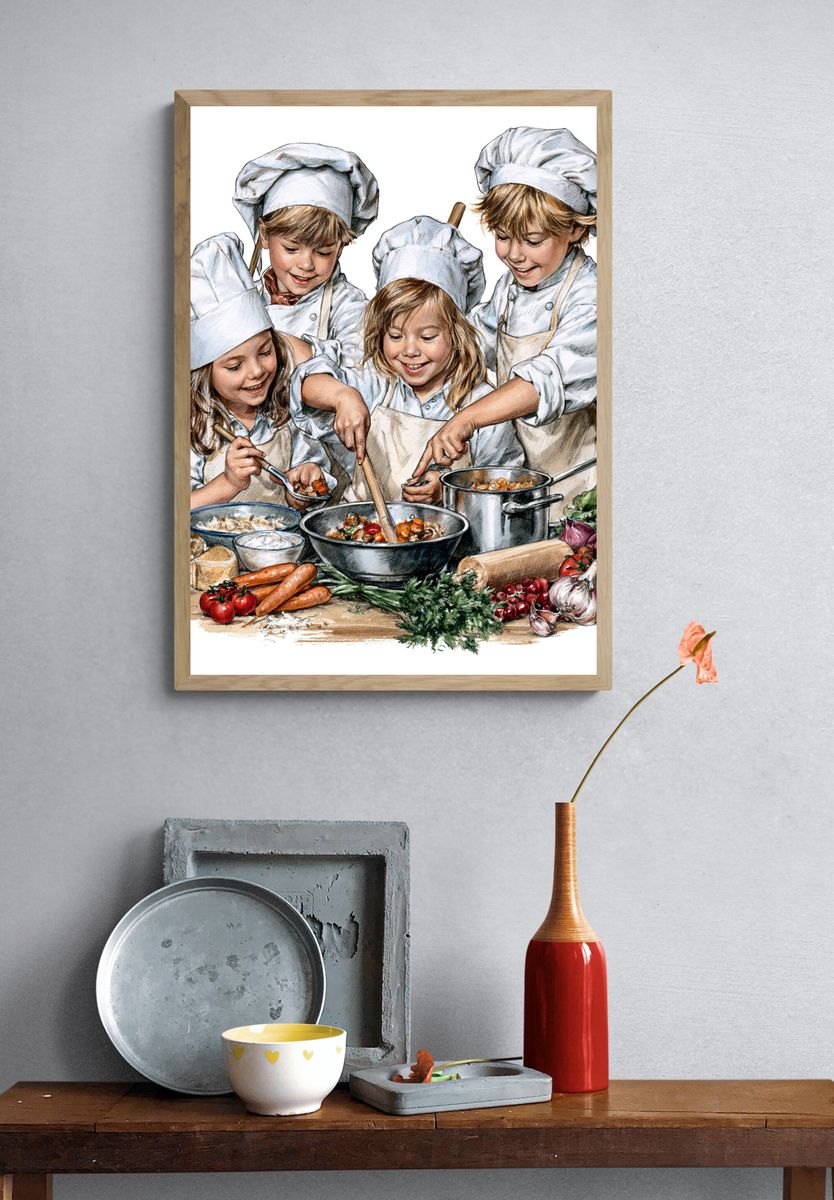 Children Cooking Watercolor Poster. — room view 3