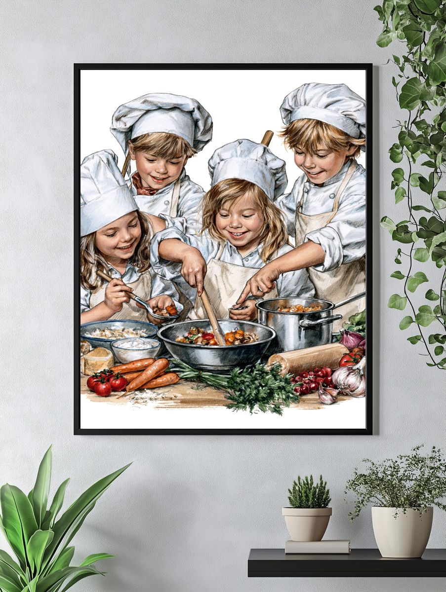 Children Cooking Watercolor Poster. — room view 4
