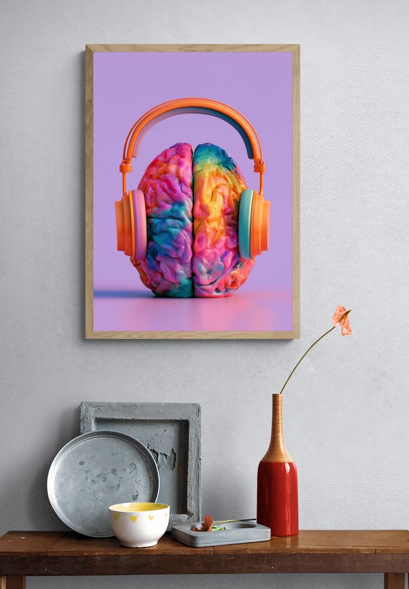 Colorful Brain Headphones Poster. — room view 3