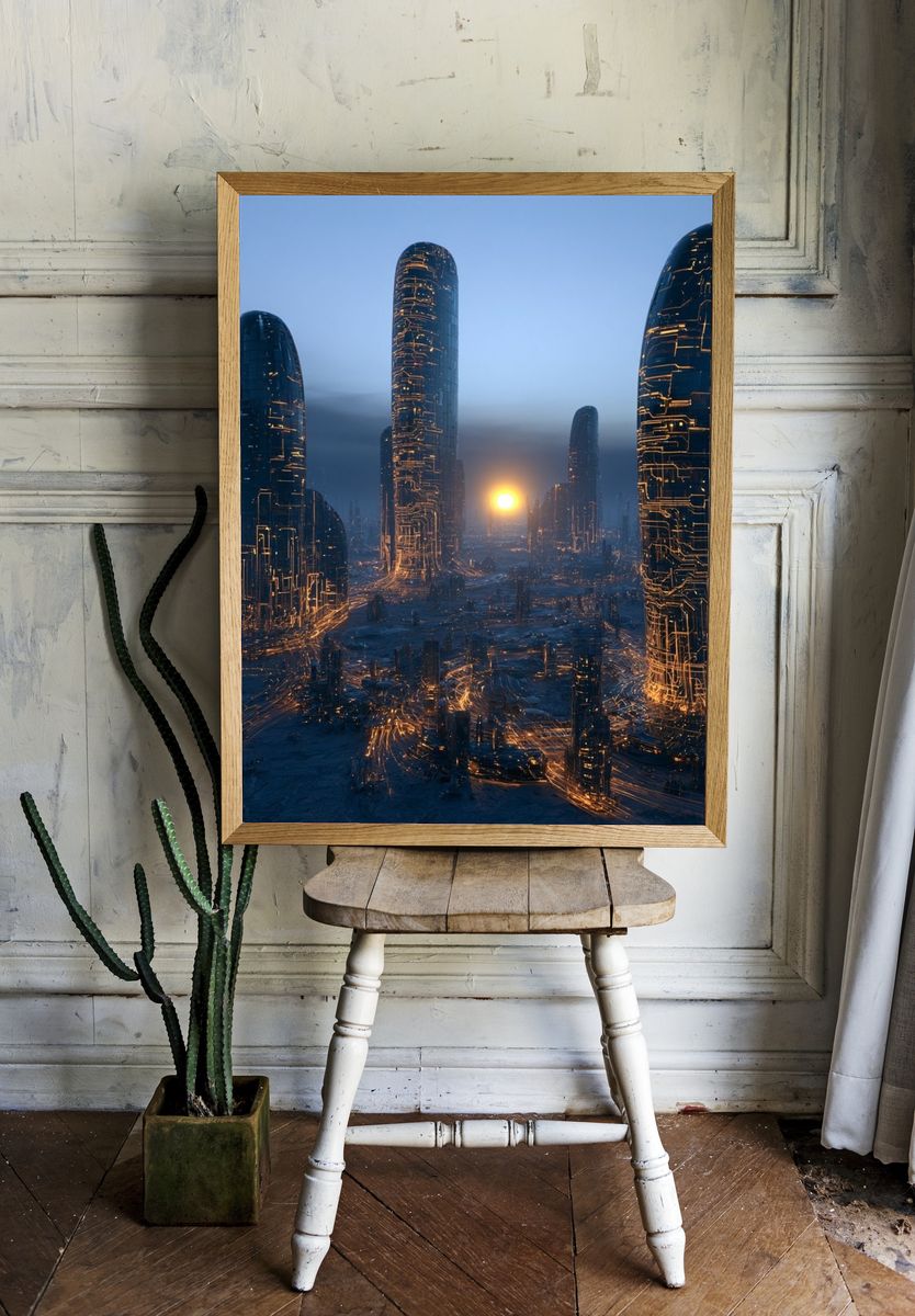 Futuristic Cityscape — Digital Art Print. — room view 1