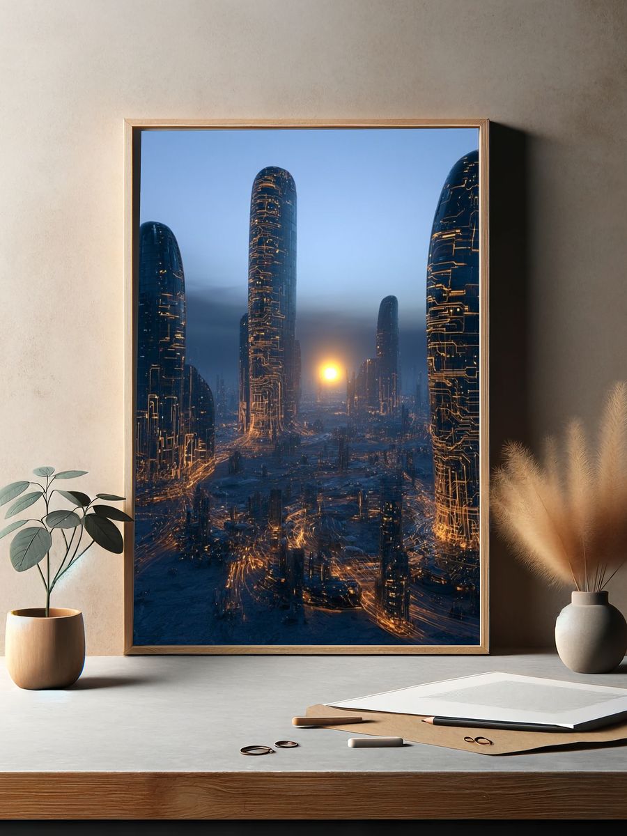 Futuristic Cityscape — Digital Art Print. — room view 2