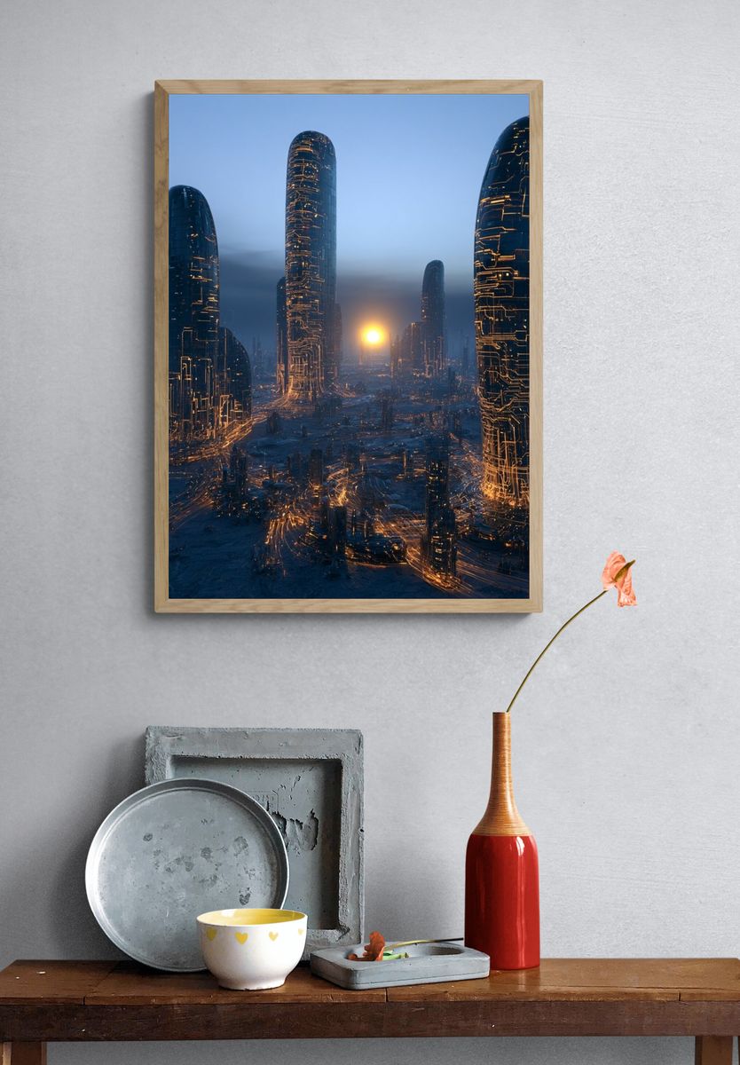 Futuristic Cityscape — Digital Art Print. — room view 3