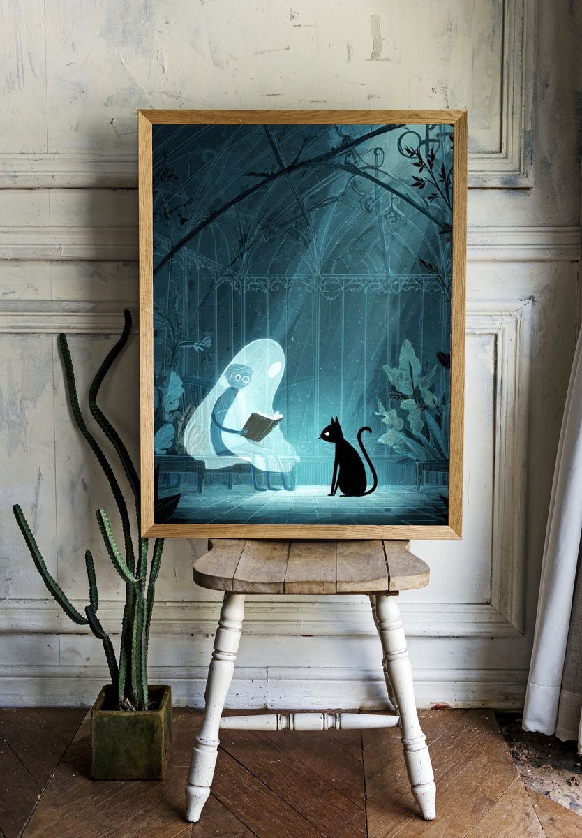 Moonlit Cat and Ghost Reader Poster. — room view 1