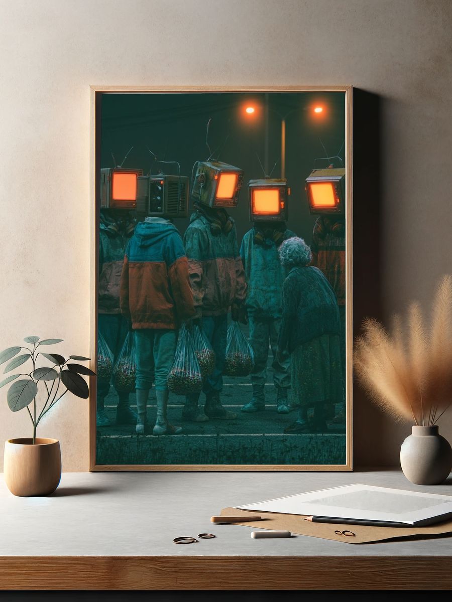 TV-Head Street Scene Illustration Print. — room view 2