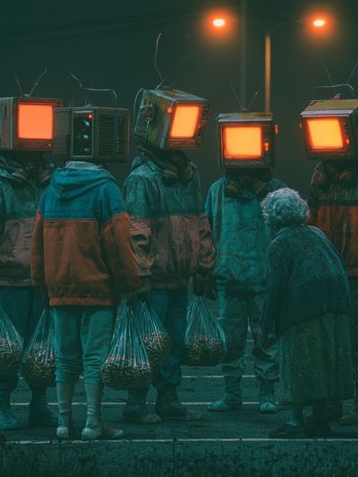 TV-Head Street Scene Illustration Print.