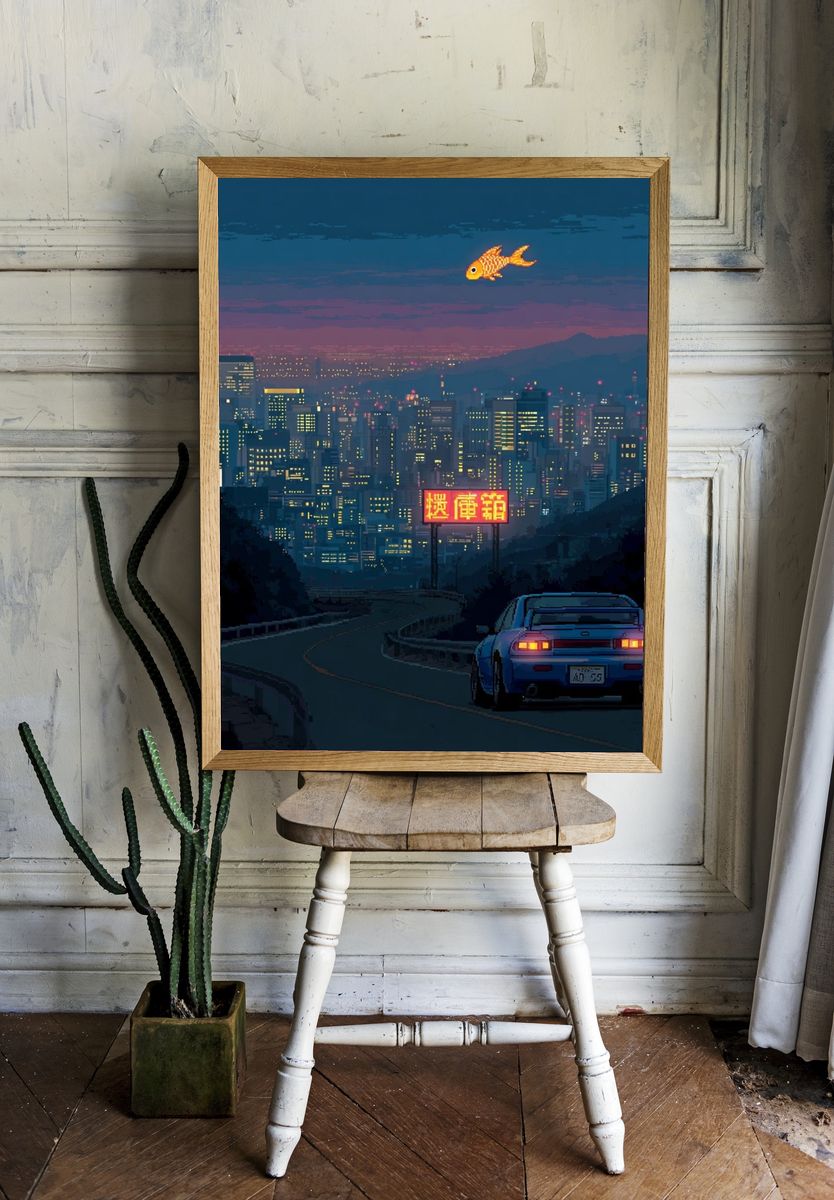 Neon City Drift Illustration Poster. room preview