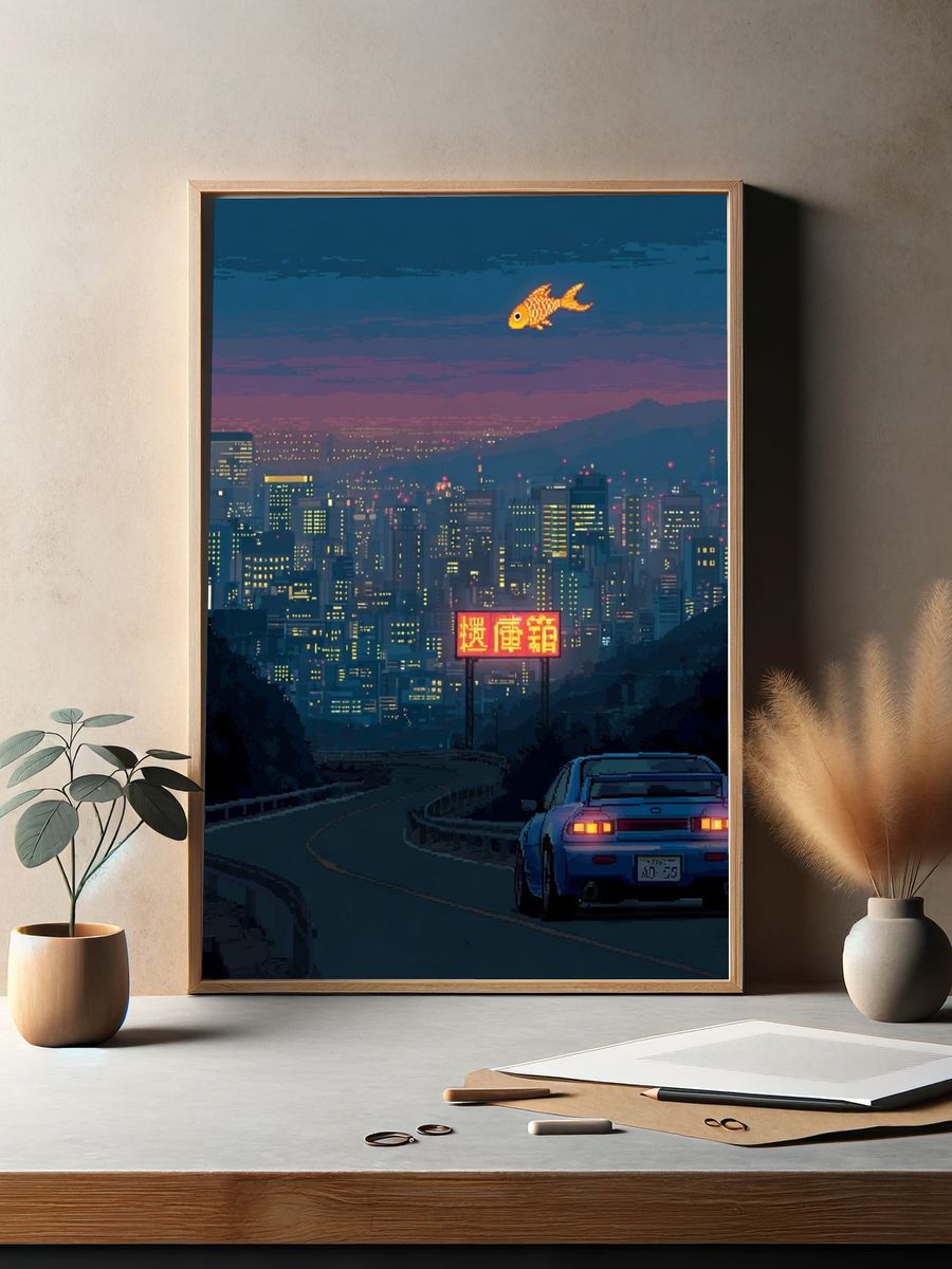 Neon City Drift Illustration Poster. — room view 2