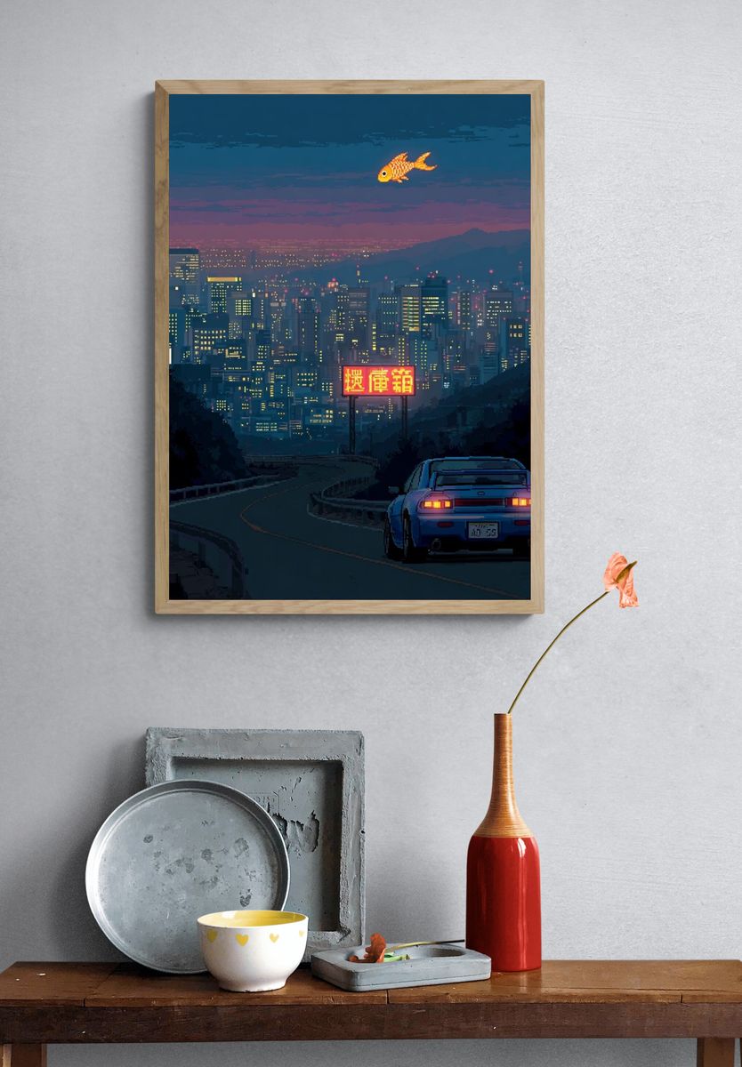 Neon City Drift Illustration Poster. — room view 3
