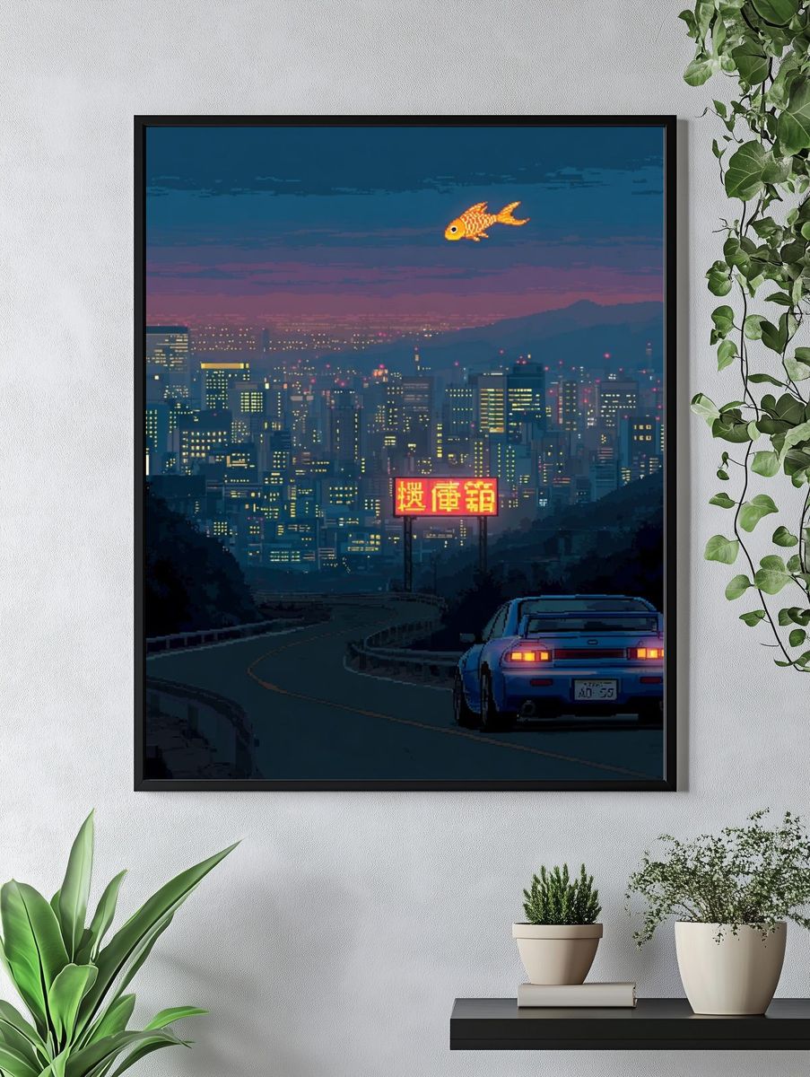 Neon City Drift Illustration Poster. — room view 4