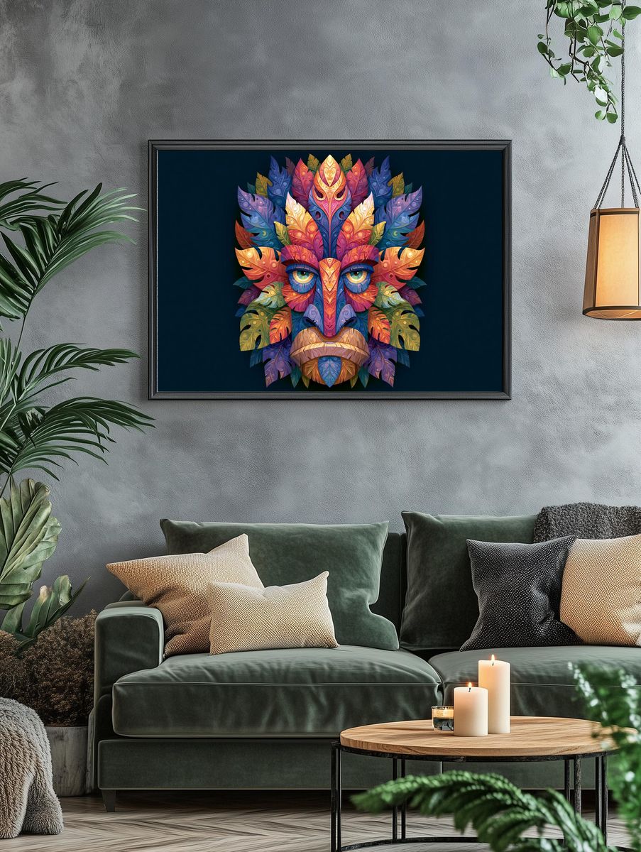 Colorful Leaf Mask Illustration Poster. — room view 4